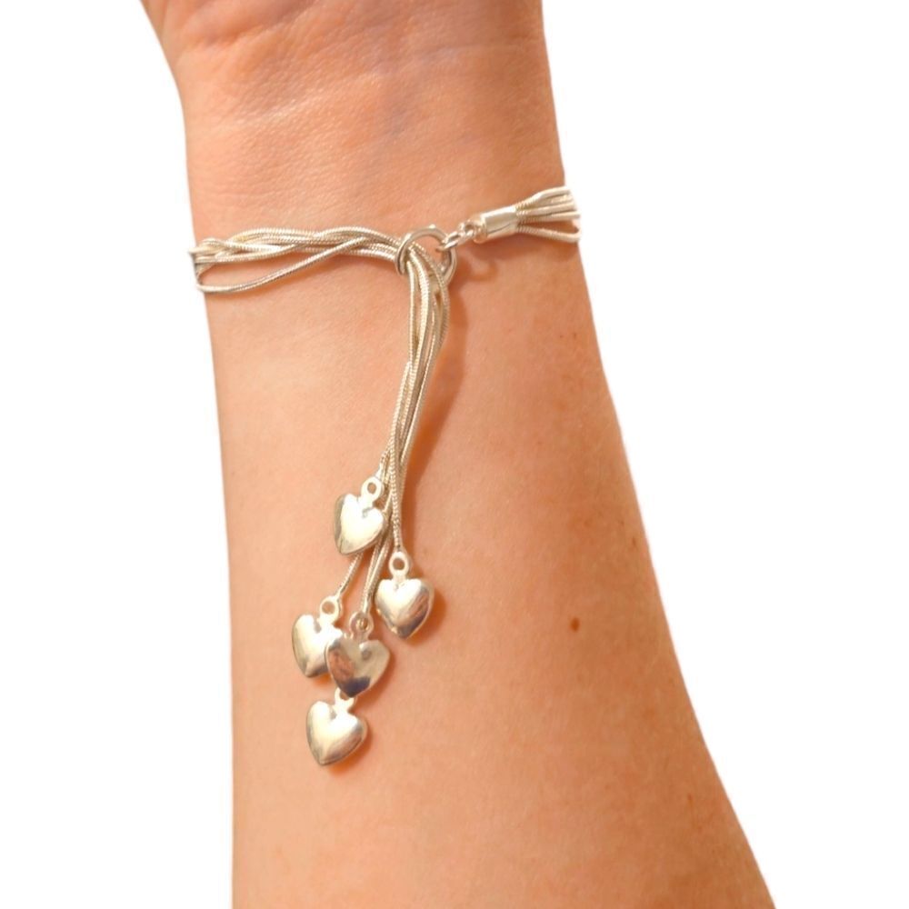 Sterling Silver 925 Strung Hearts Lariat Bracelet